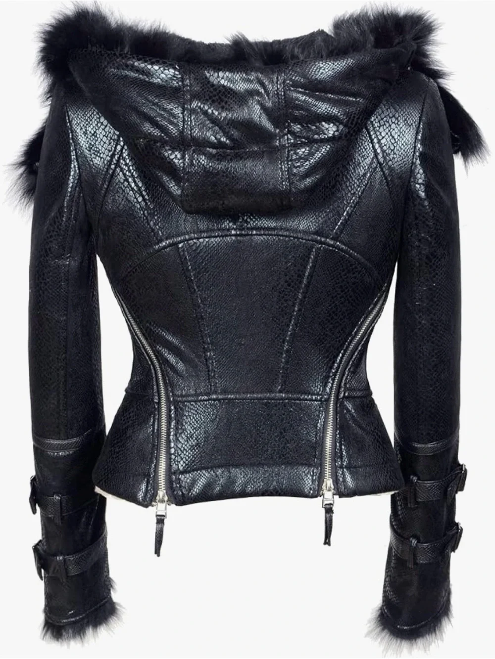 Women's Black Faux Leather Jacket with real Fox fur 💙